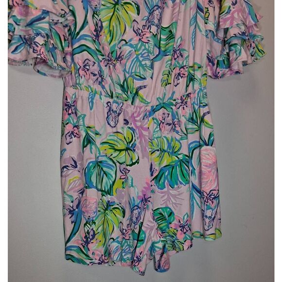 Lilly pulitzer womens medium off shoulder boat neck romper pink green - Picture 6 of 11